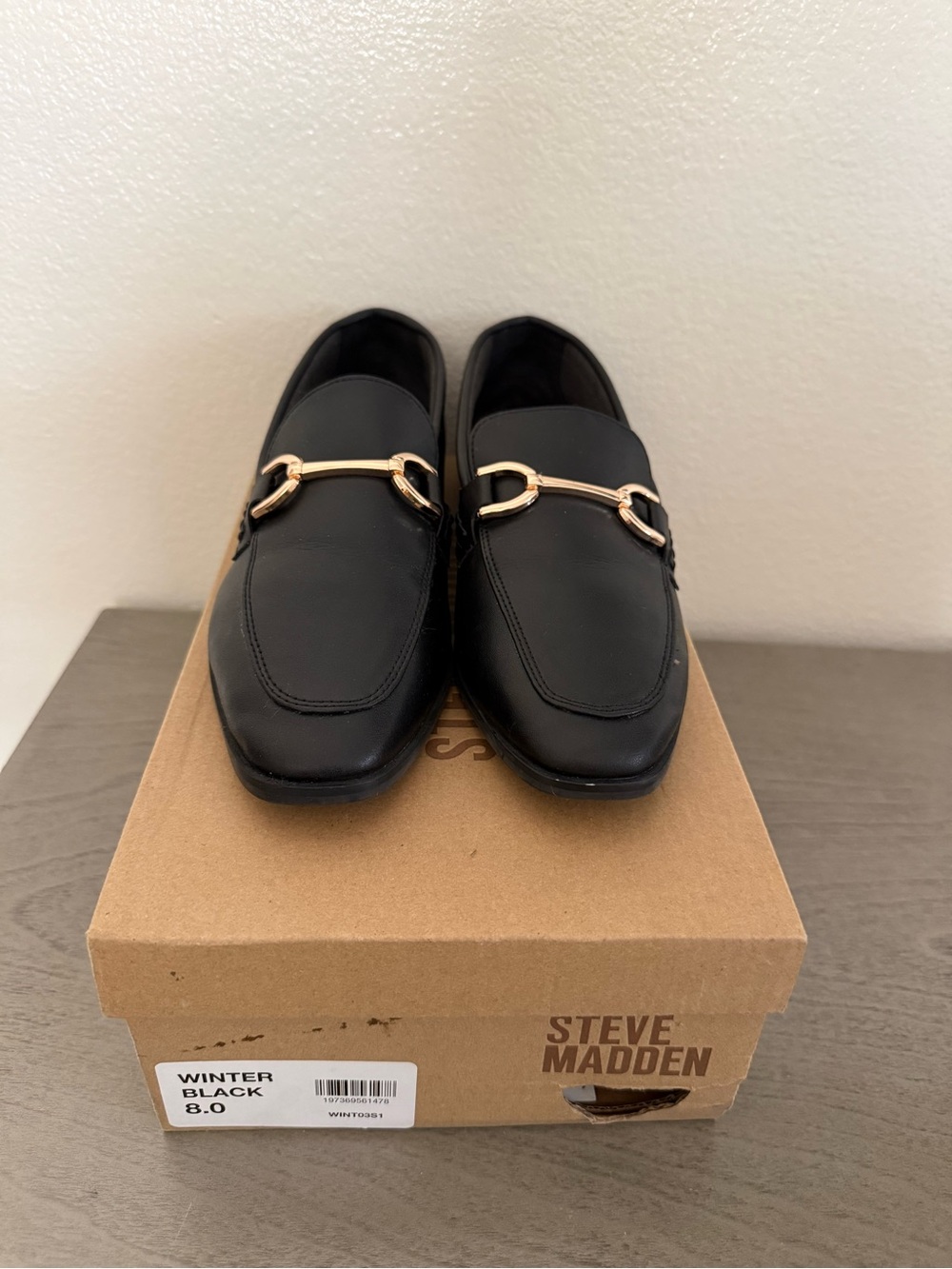 Steve Madden Black Leather Loafers with Gold Horsebit